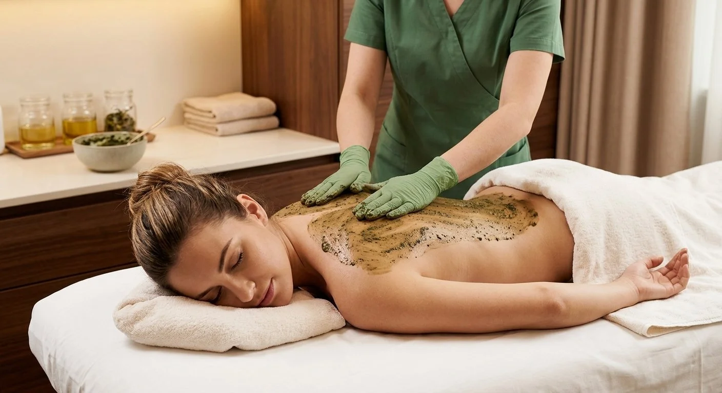 A woman is lying face down on a massage table with a towel covering her lower body. She is receiving a mud or herbal wrap treatment on her back from a massage therapist wearing green scrubs and gloves in a spa room.