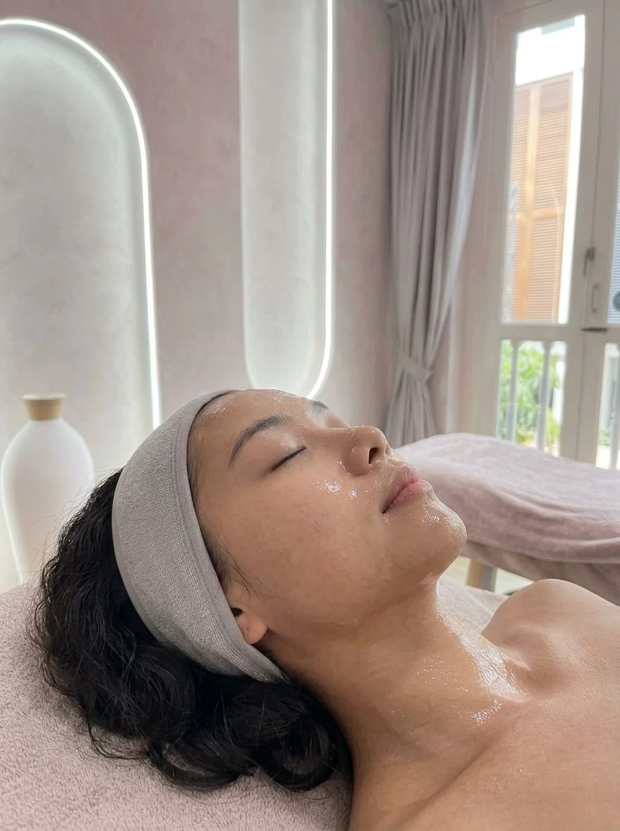 A woman receives a facial treatment at a spa, lying on her back with her eyes closed, wearing a gray headband, with a calm expression, in a softly lit room with light-colored walls and window with curtains.