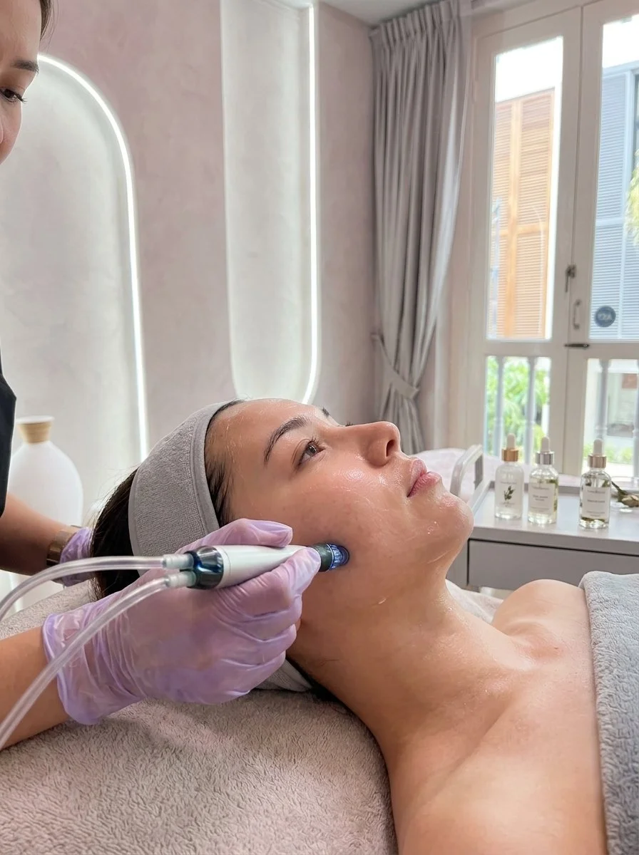 A woman receiving a facial treatment using a small device in a spa or skincare clinic, with skincare products on a table nearby.