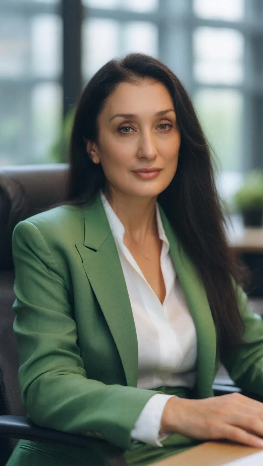 A woman with long dark hair, wearing a green blazer and white shirt, sitting at a desk in an office with large windows in the background.