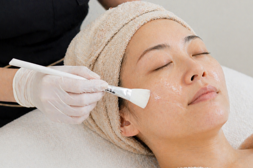 A woman with a towel wrapped around her head receiving a facial treatment from a professional in a spa or clinic setting.
