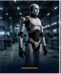 Humanoid robot standing in a futuristic laboratory or tech environment