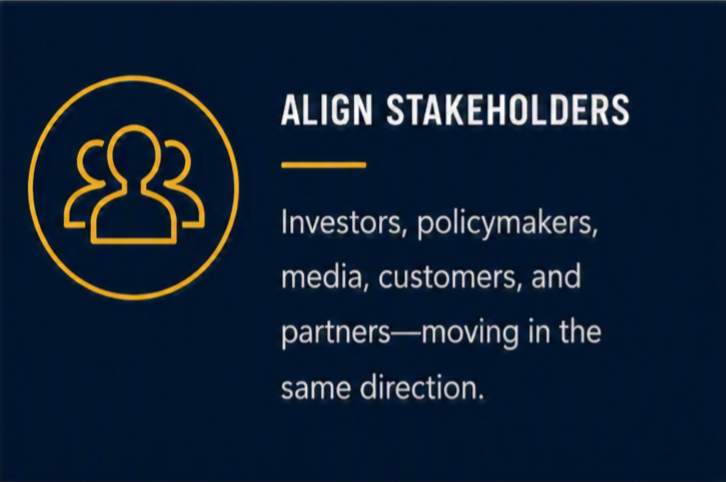 A digital slide with a dark blue background titled "Align Stakeholders." It features a yellow outline icon of three people and text that explains aligning investors, policymakers, media, customers, and partners toward a common goal.
