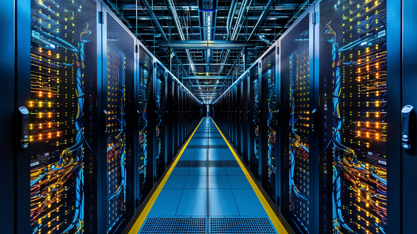 Data center aisle with rows of server racks illuminated with blue and yellow lights, connected by visible cables, extending into the distance.
