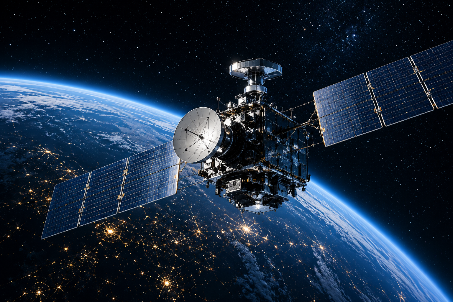 A satellite orbiting Earth with city lights visible on the planet's surface at night, set against a starry space background.