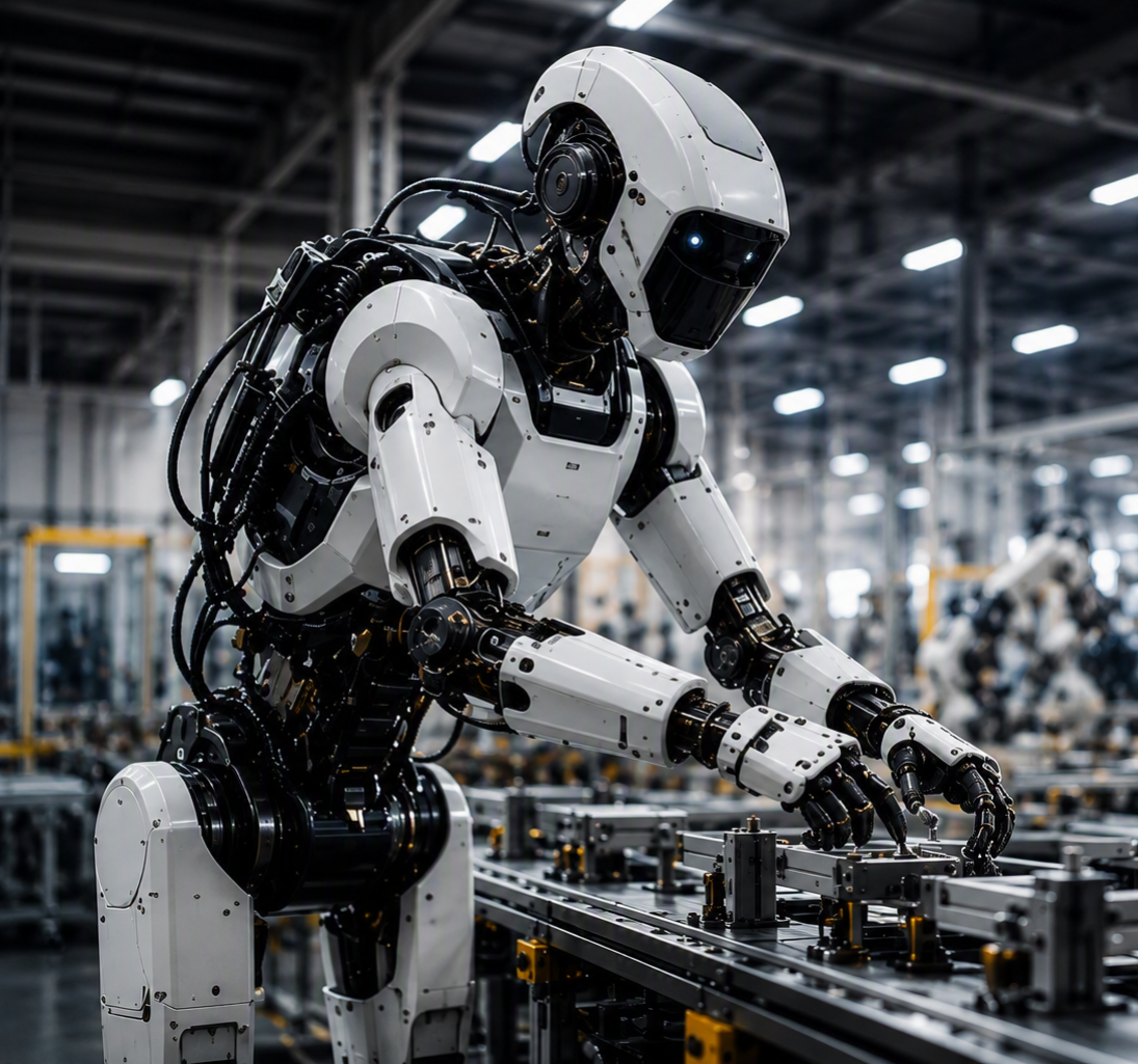 A humanoid robot with a white exterior and black joints working on assembly line in factory setting, with industrial equipment and other robots visible in the background.