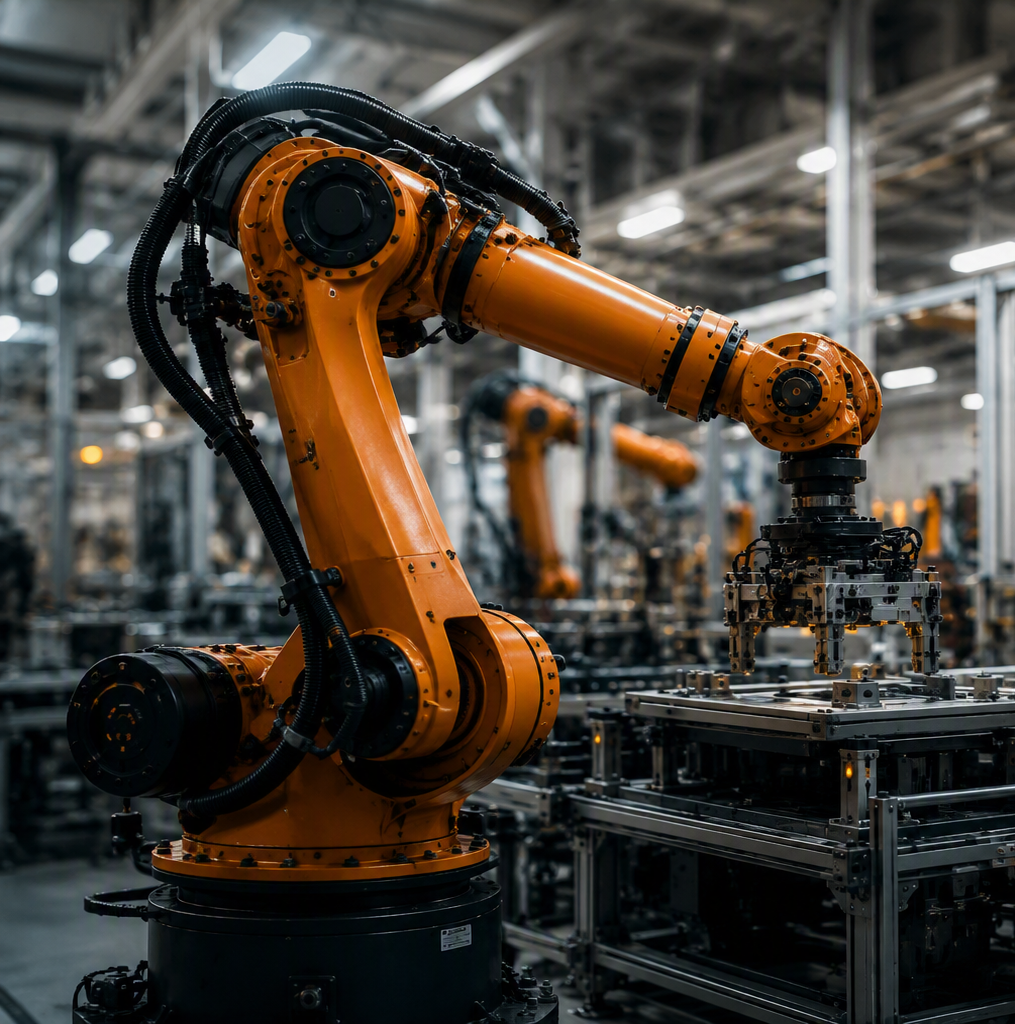 An orange industrial robotic arm in a manufacturing or assembly factory, with other robotic arms and machinery in the background.