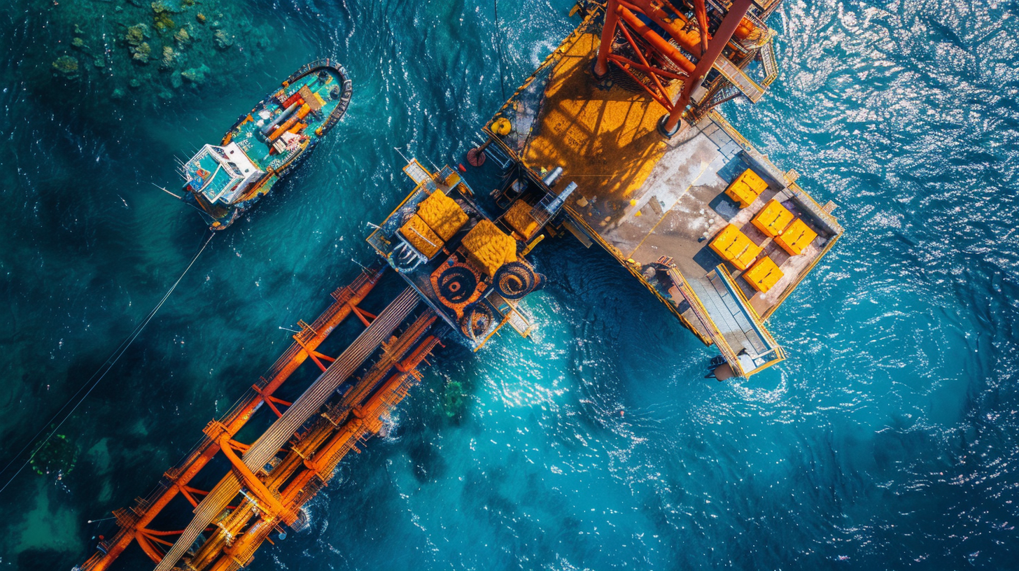 Aerial view of an offshore oil platform with a connected exploration or service vessel nearby in the ocean.