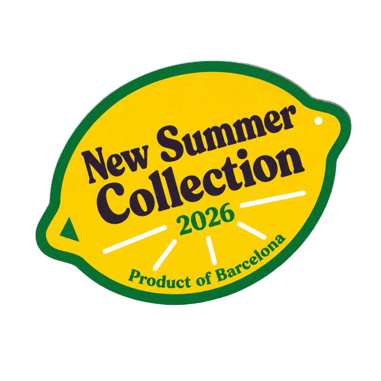 Yellow lemon-shaped label with green border reads 'New Summer Collection 2026' in black text, 'Product of Barcelona' in green text, with a white line and green accents. Used for marketing or product promotion.