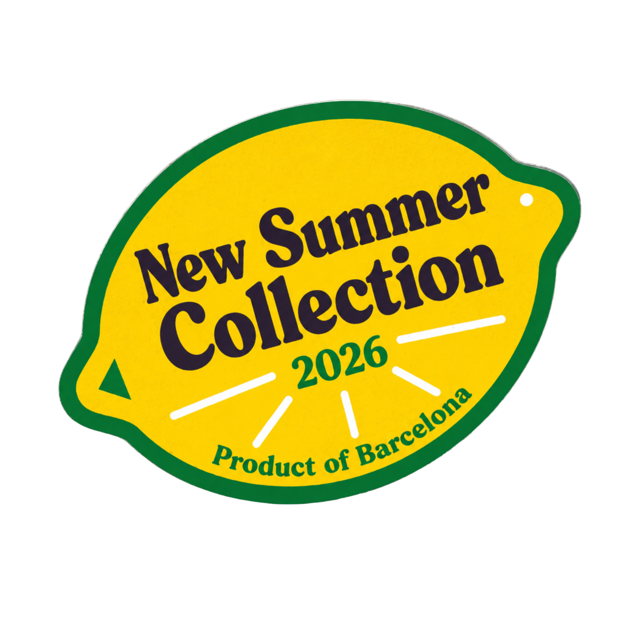 Yellow lemon-shaped label with green border reads 'New Summer Collection 2026' in black text, 'Product of Barcelona' in green text, with a white line and green accents. Used for marketing or product promotion.