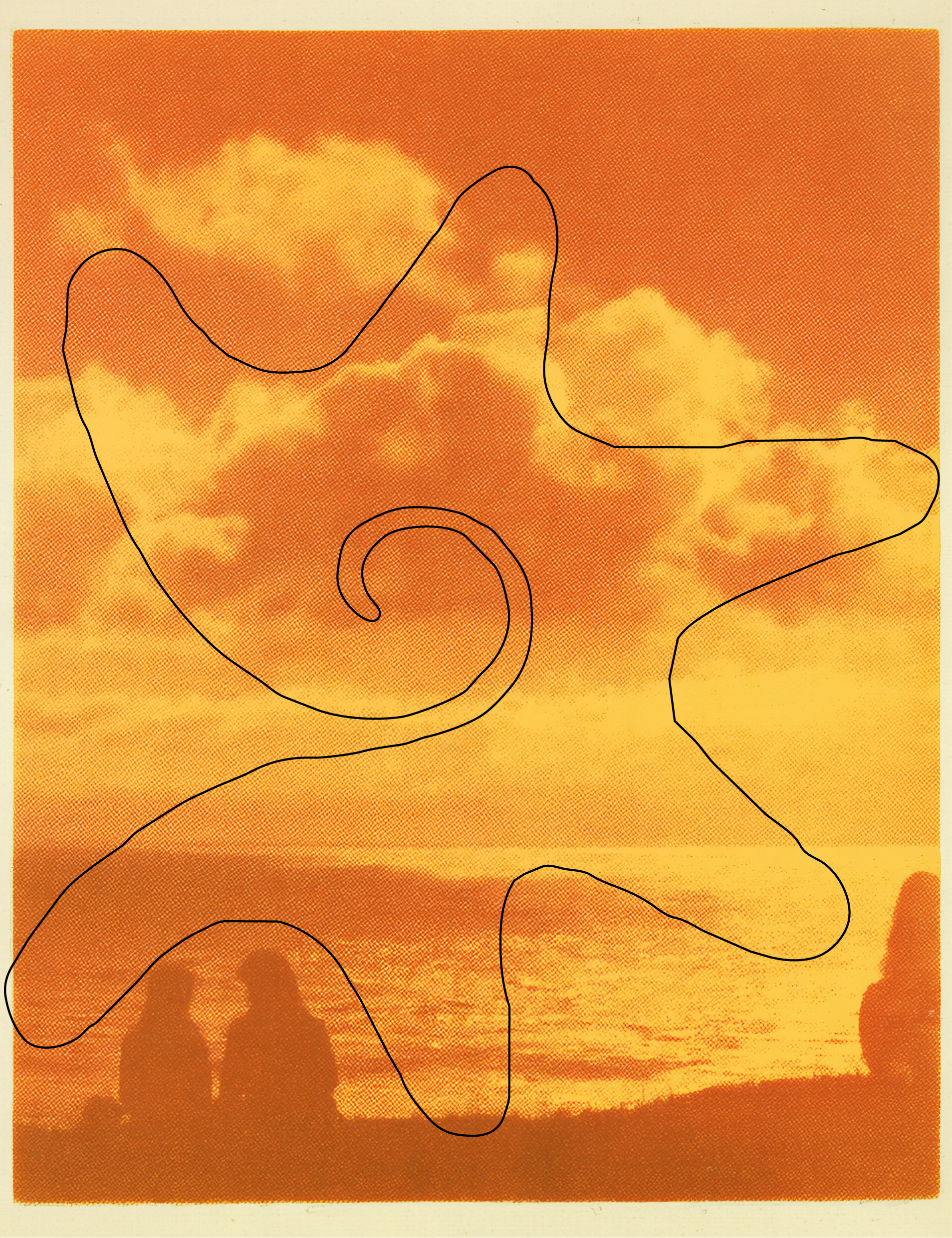 Sunset over the ocean with silhouettes of three people walking along the shore.