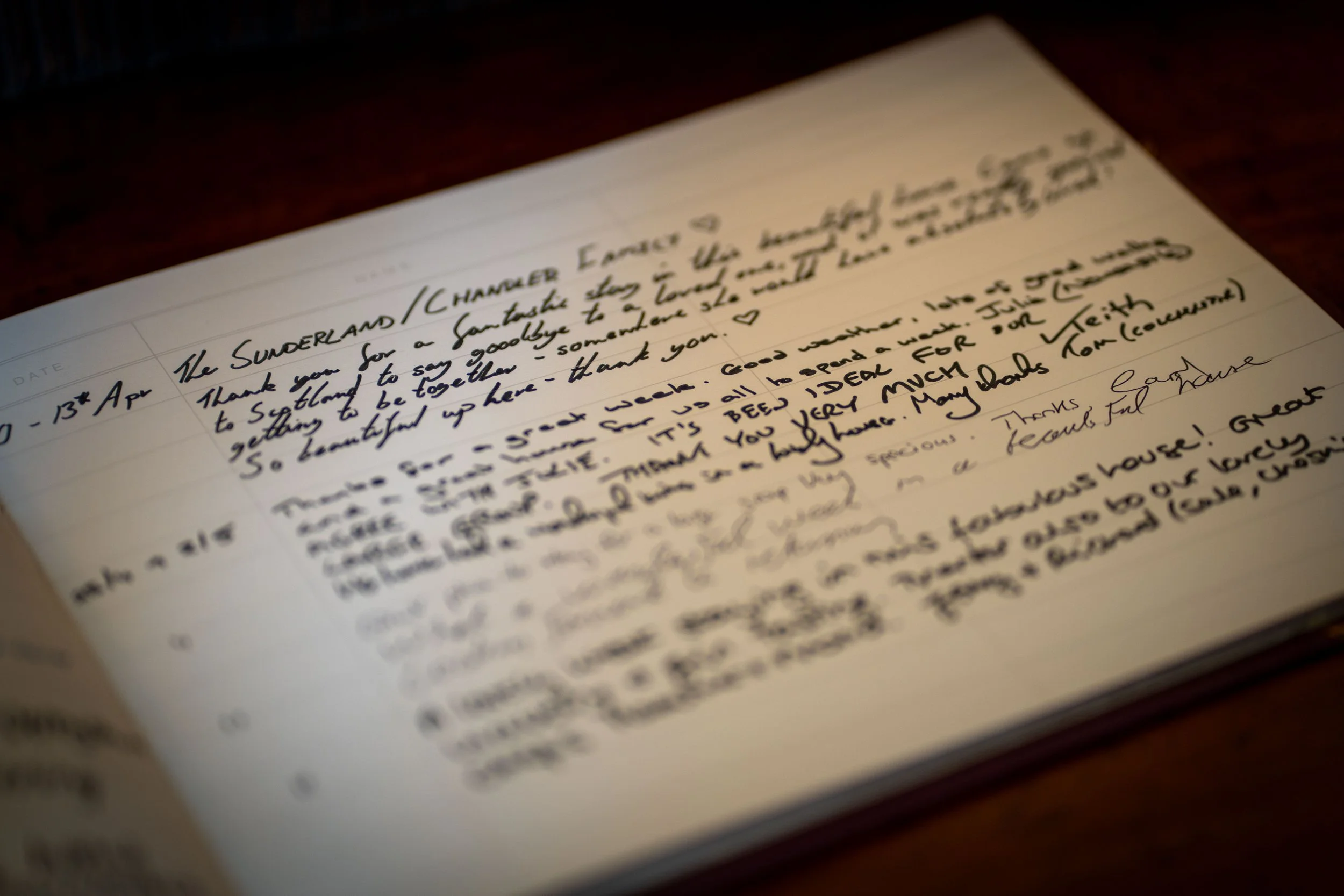 A handwritten page in a notebook with text dated April 13th, discussing a visit to the Sunderman/Chamber Estate in Somerset, thanking someone for hospitality, and mentioning upcoming plans and appreciation.