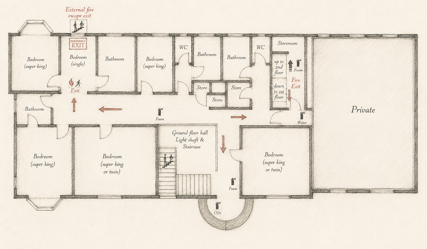 Floor plan of a residential building showing multiple bedrooms, bathrooms, storage rooms, and staircases with emergency exit routes and fire escape details.
