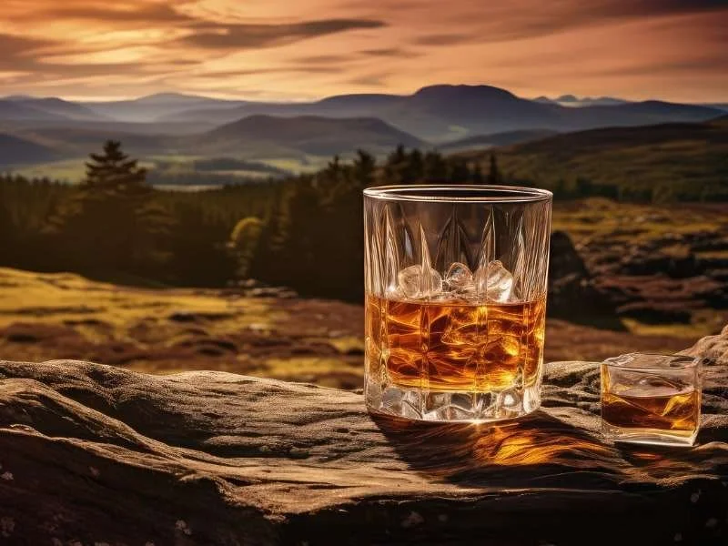 A glass of whiskey with ice and a smaller whiskey shot on a log in a scenic mountain landscape at sunset.