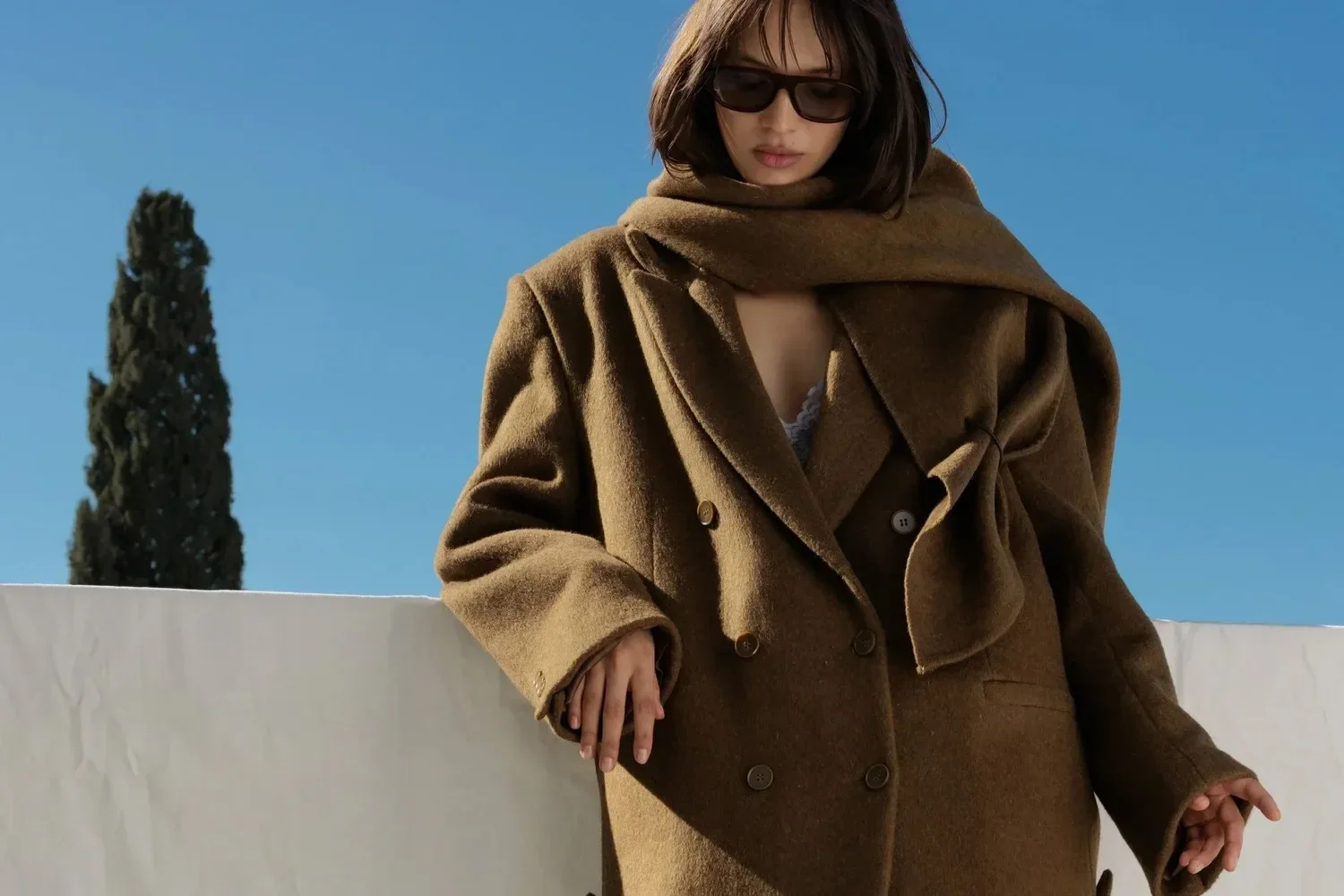 A woman with shoulder-length dark hair, wearing sunglasses, a brown coat, and a scarf, leaning against a white wall outdoors with a clear blue sky and a tall green tree in the background.