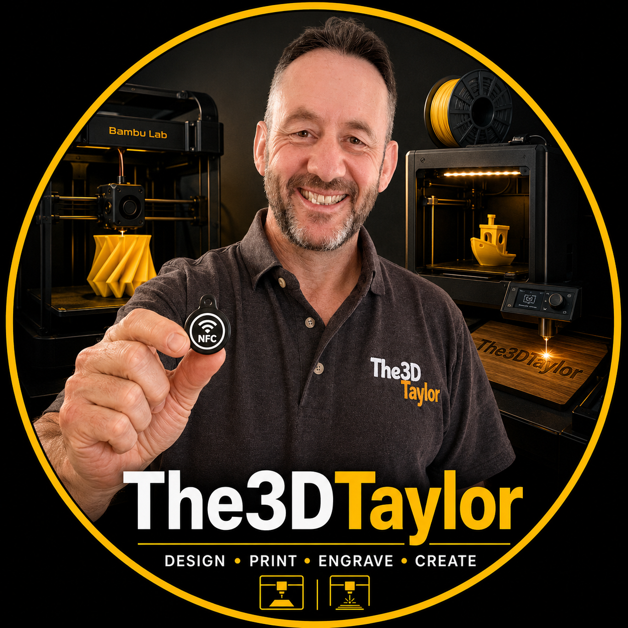 The 3DTaylor smiling and holding an NFC tag that he designed, manufactured and are for sale. Has also designed and manufactured ICE Tags for Elderly relatives, Vulnerable people, Holiday homes, Airbnb hosts, Neighbourhood Watch groups