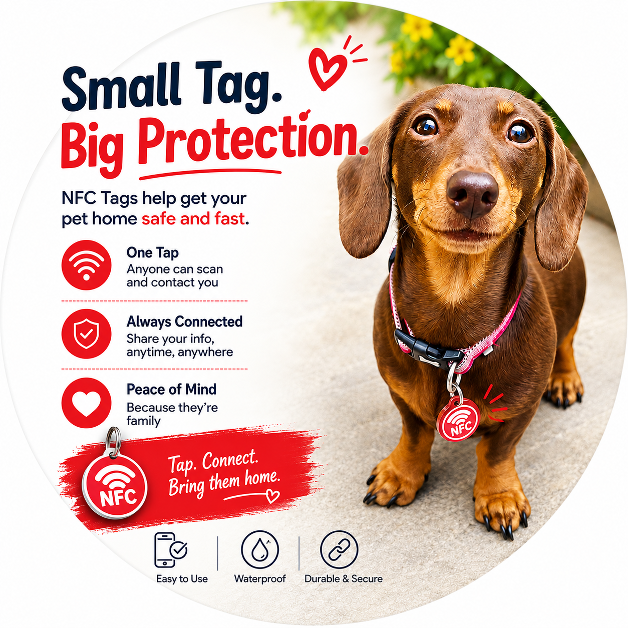 NFC pet tags enabling the quick and safe return of any lost pets, dogs and cats. Can also be used to attach to bags, keys and other items. The3DTaylor