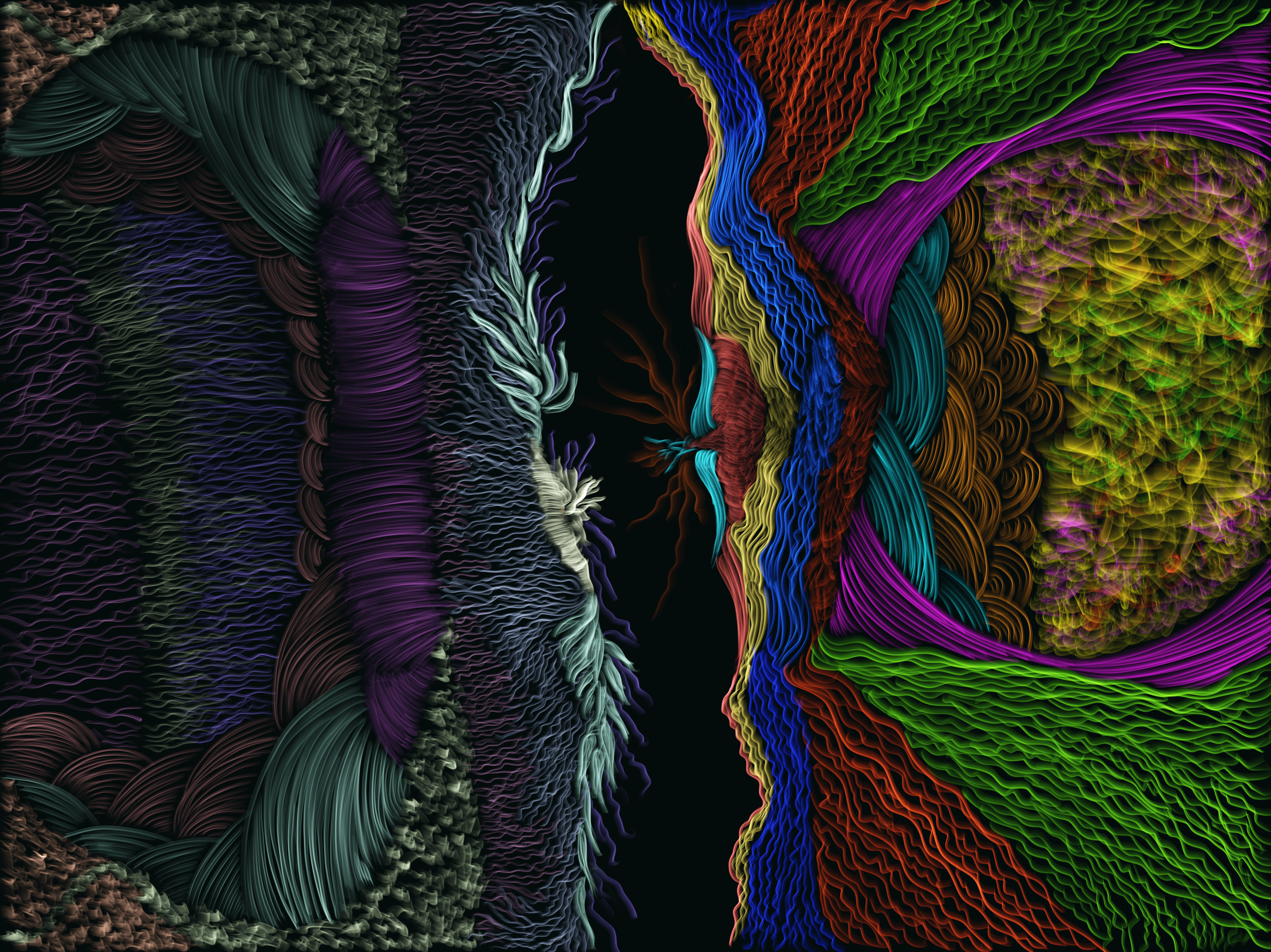Colorful digital art depicting two human profiles facing each other, composed of layered, swirling lines and patterns in various vibrant colors against a black background.
