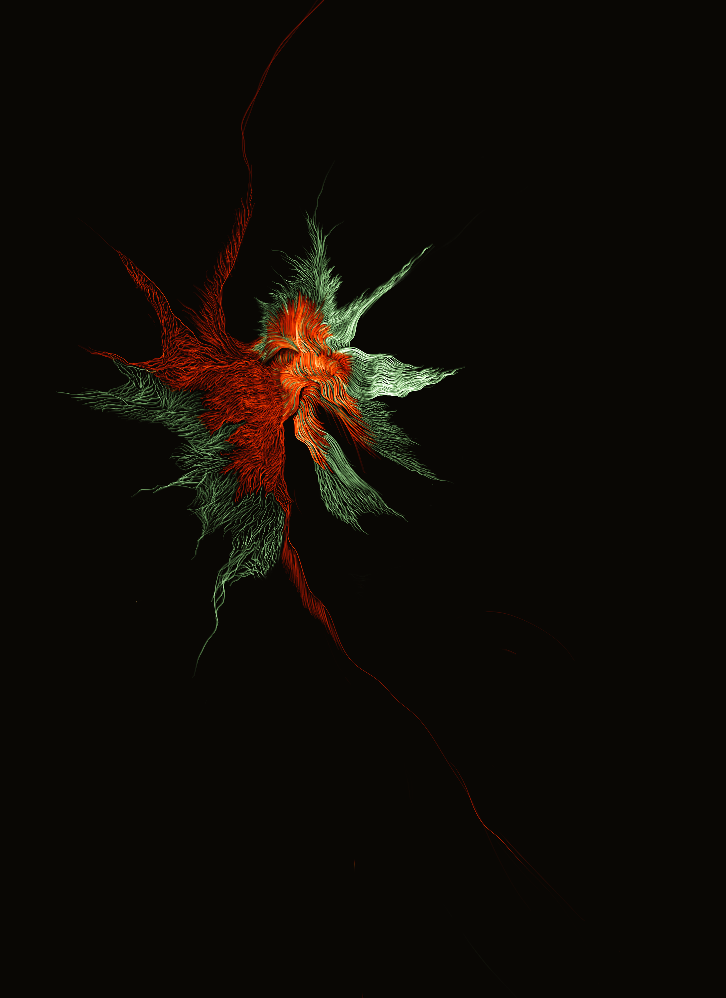 Abstract digital artwork with red and green lines and shapes on a black background, resembling a fractal or lightning pattern.