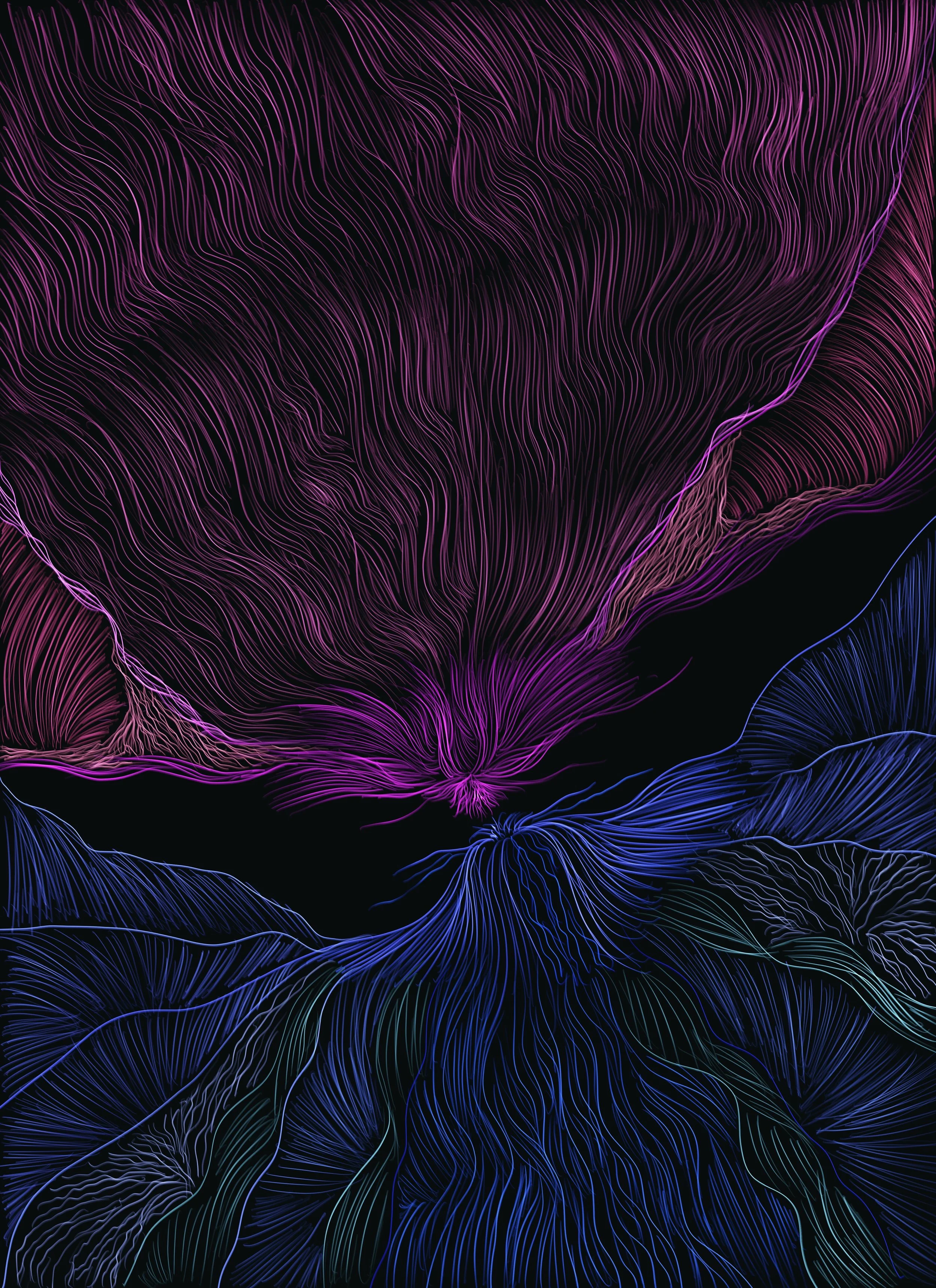 Abstract digital art featuring flowing, colorful lines in purple, blue, and pink on a black background, resembling a flowing fabric or waves.