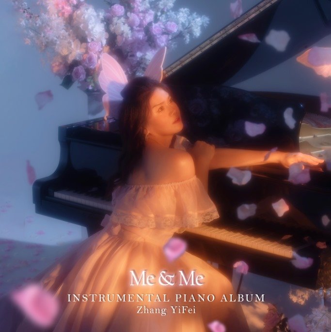 A woman with fairy wings and a peach dress sitting at a black grand piano with pink flower petals falling around her, a large bouquet of pink and purple flowers in the background, promoting Zhang YiFei's instrumental piano album titled 'Me & Me.'