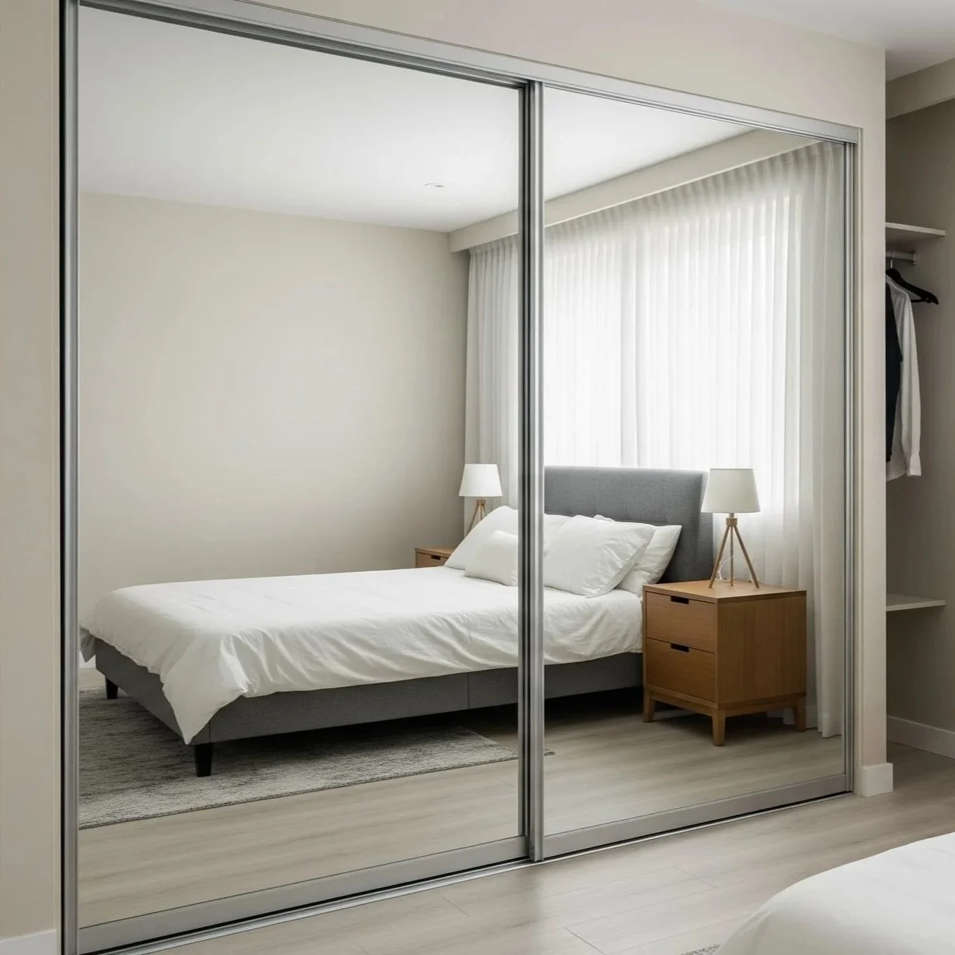 A bedroom with a bed, two bedside tables with lamps, a large window with sheer white curtains, and a closet with mirrored sliding doors reflecting the room.