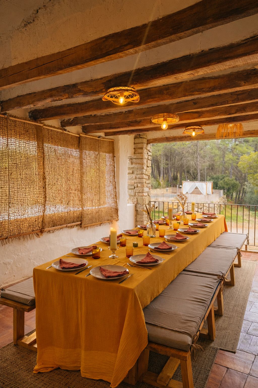 A cozy outdoor dining area with a long table covered with a yellow tablecloth, set with plates, pink napkins, glassware, and candles. The space features rustic wooden beams on the ceiling, woven wall hangings, and a view of trees outside.