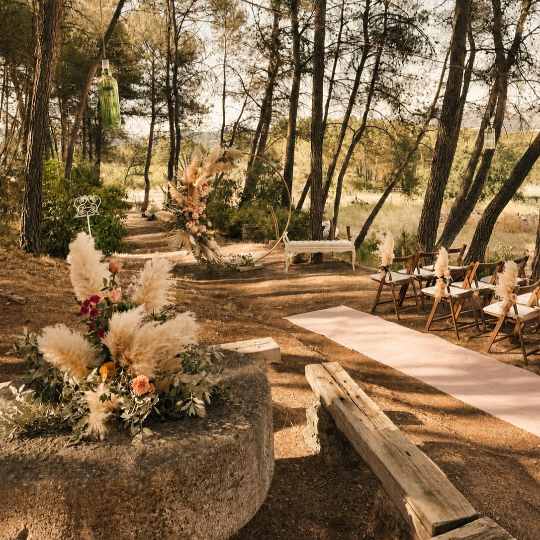 Outdoor wedding ceremony setup among trees with floral arrangements, a white bench, and chairs, illuminated by natural sunlight.