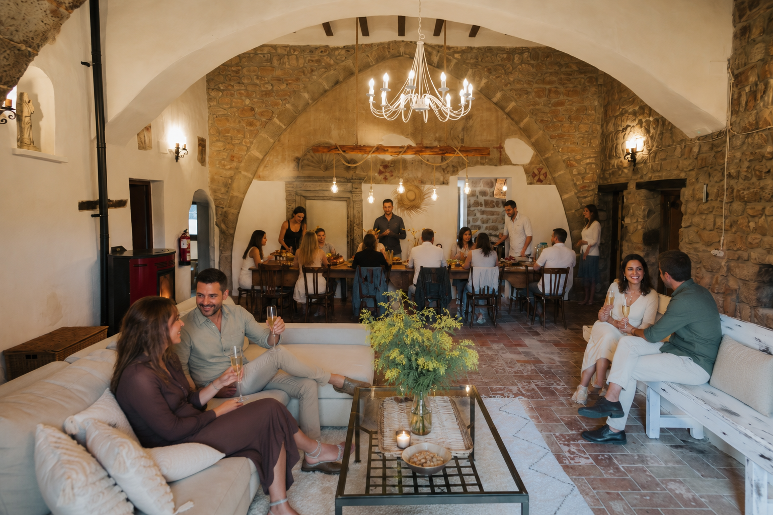 People gathered in a rustic, warmly lit cellar with stone walls and vaulted ceiling, enjoying a social event with drinks and conversation.