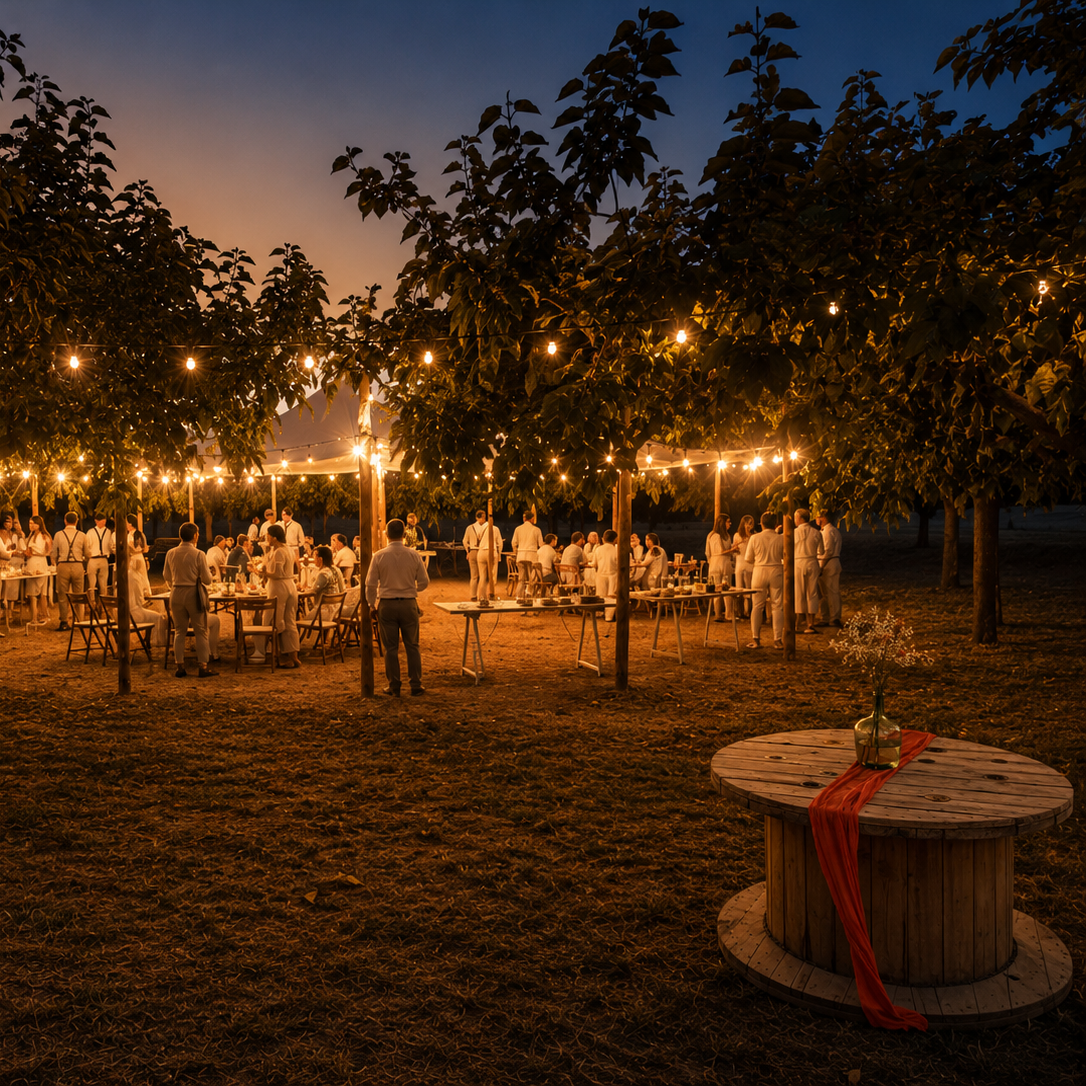 Outdoor evening wedding reception under trees with string lights, guests seated at tables, and a wooden spool table with a flower vase and cloth in the foreground.