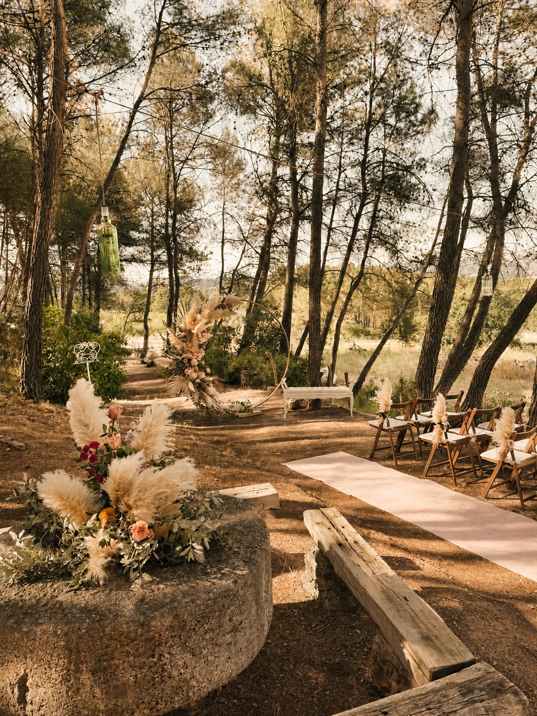 Outdoor wedding ceremony setup in a forested area with chairs arranged on either side of an aisle, floral arrangements, and decorative elements such as hanging bottles and a floral arch.