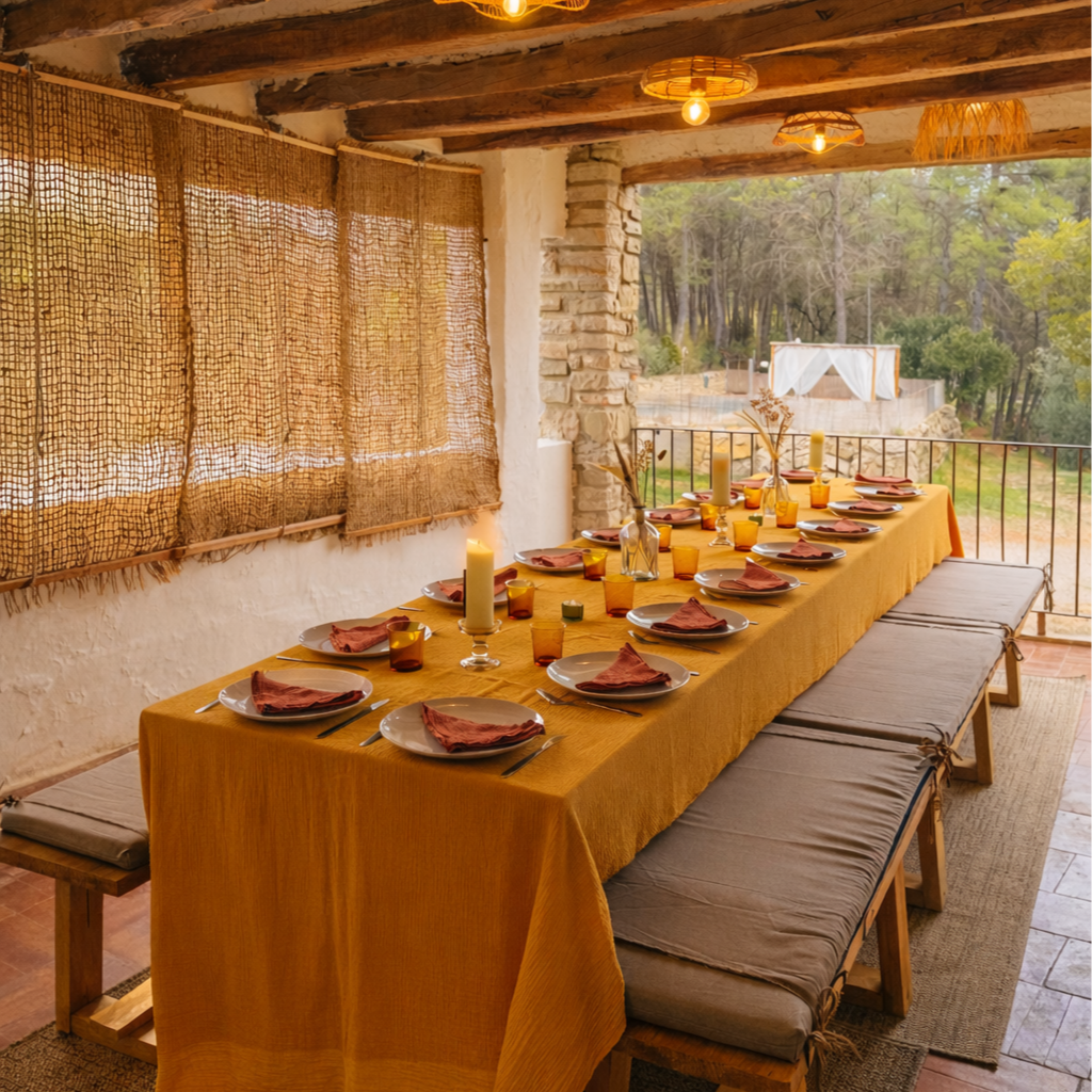 An outdoor dining table set with plates, napkins, glasses, and candles, under a rustic roof with hanging lights, overlooking a wooded landscape.