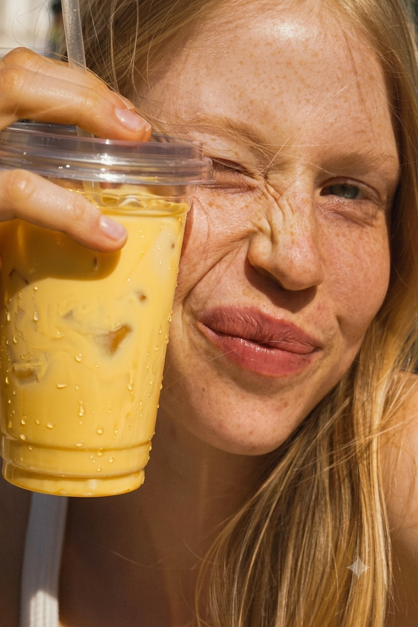 A woman with red hair and freckles is holding a clear plastic cup filled with a yellow iced safra latte, close to her face while winking.