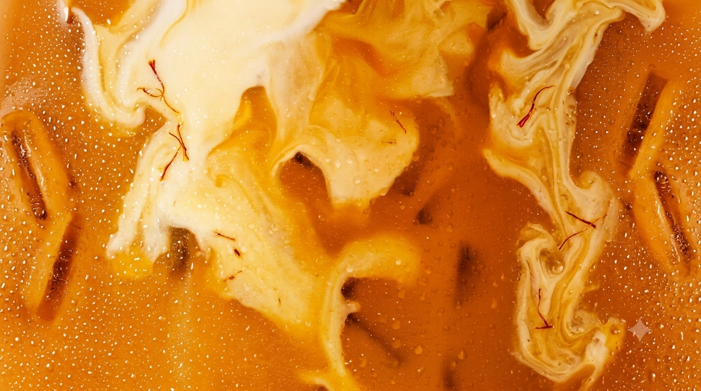 Close-up of a creamy, swirled safra latte with visible saffron threads on top.