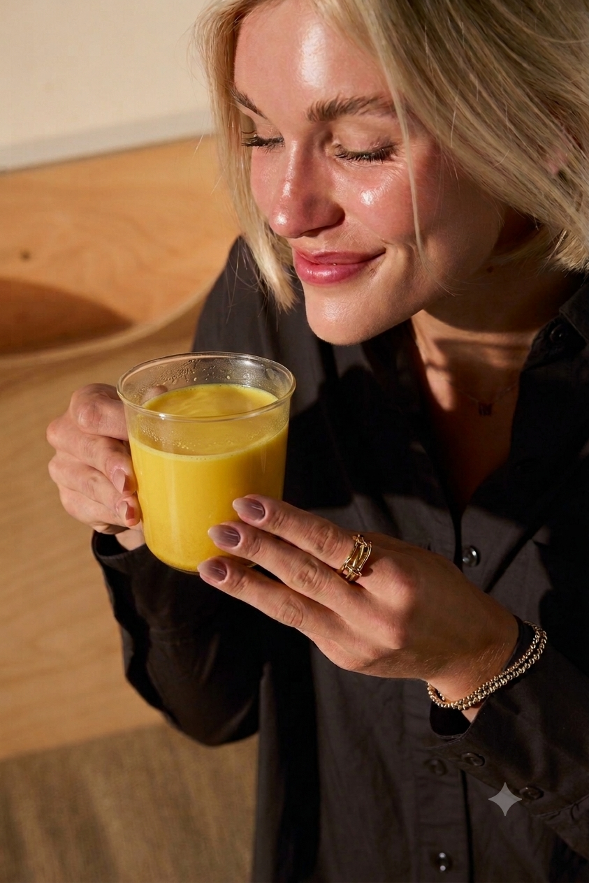 A woman with blonde hair smiling while holding a glass of yellow safra latte, wearing a black shirt and jewelry, in an indoor setting.