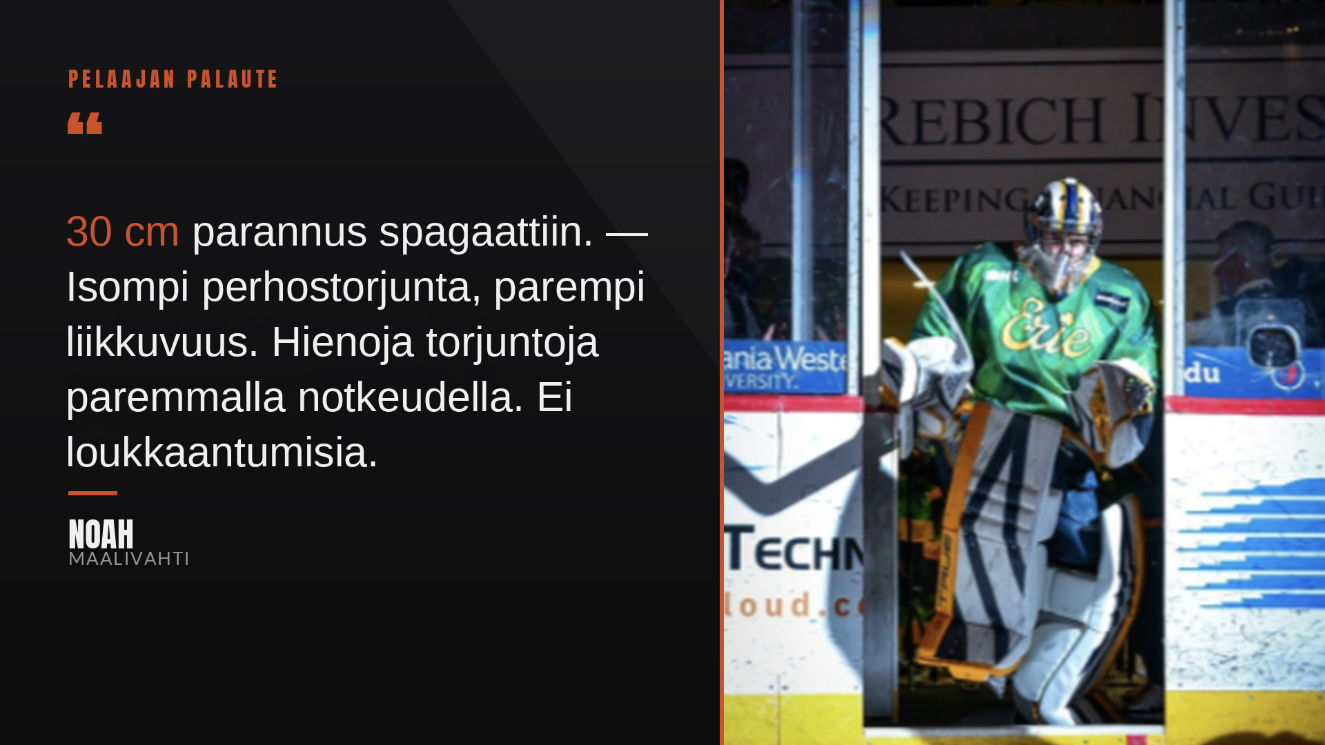 Jääkiekkomaalivahti pukeutuneena vihreään peliasuun ja maskiin, seisoo joukkueen vaihtoalueella.