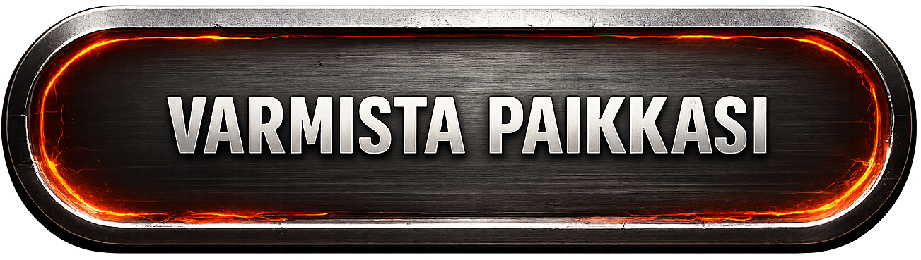 Korostettu lintuperspektiivistä otettu, musta metallinen paikannäppäin kilpi, jonka reunassa on punainen ja oranssi hehkuva valojuova ja teksti "VARMISTA PAIKKASI".