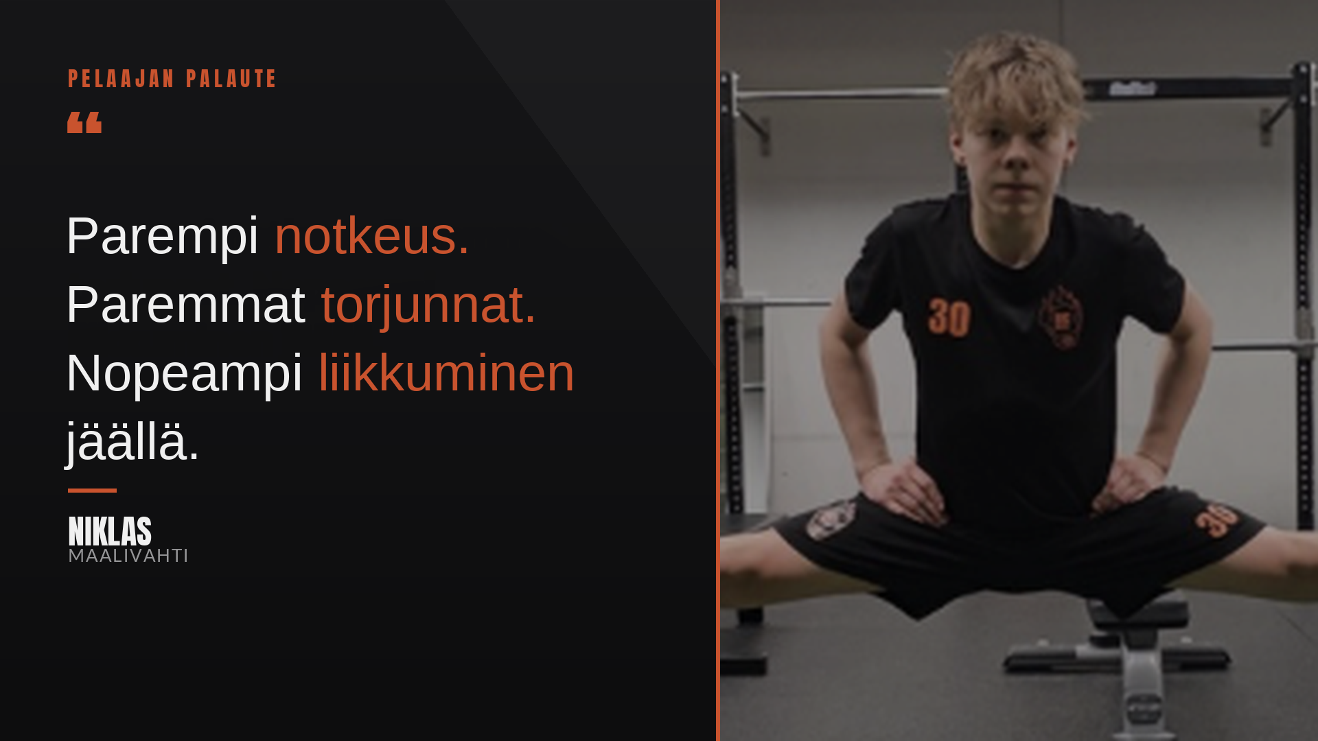 Urheilija tekee kehon venytyksen salissa, pää kumartuneena ja kädet lantiolla. Kasvot ovat suoraan kameralle päin.