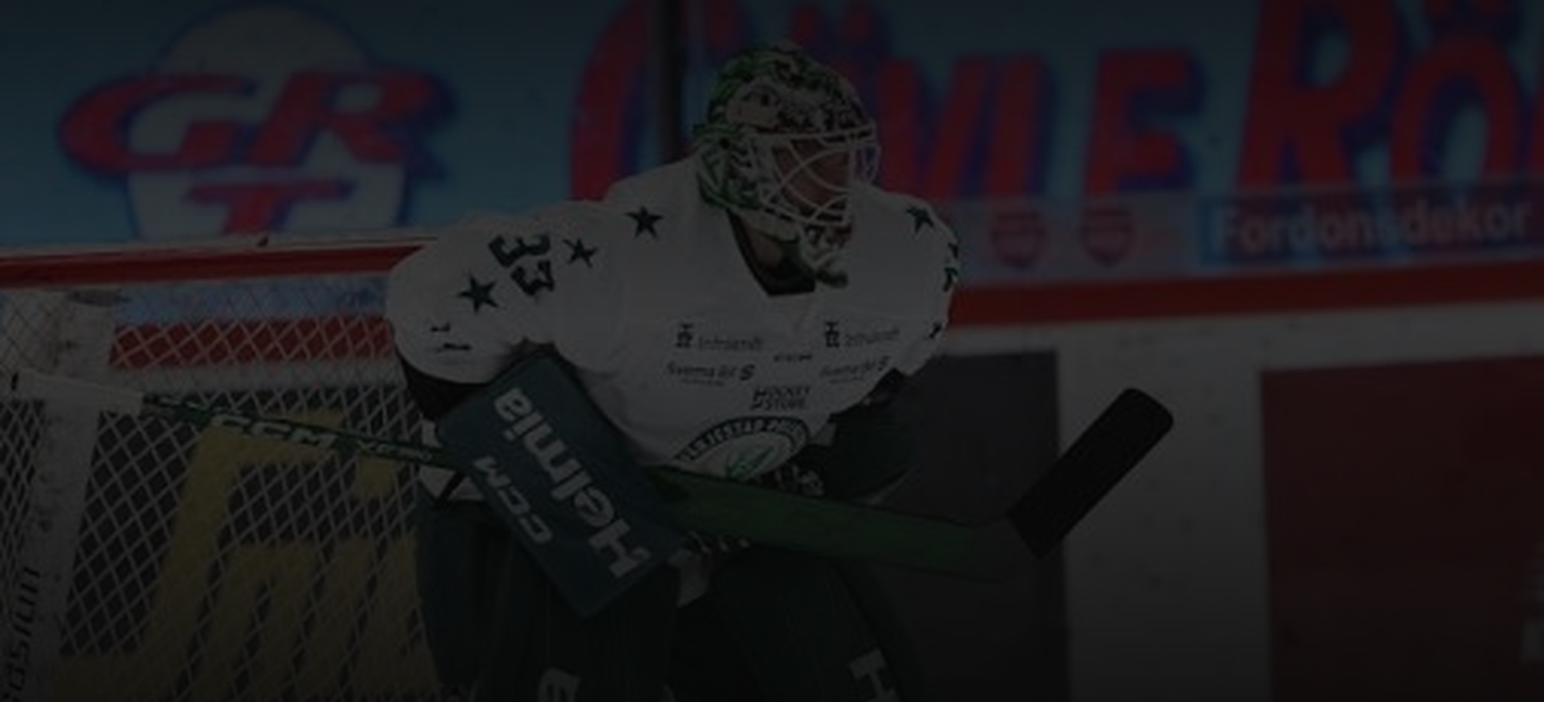 Jääkiekkoilija maalinteossa lähellä maalia, joukkuelakin ja katsomo taustalla.