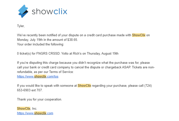 Screenshot of a ShowClix email denying a refund request, citing the seller's non-refundable terms of service.