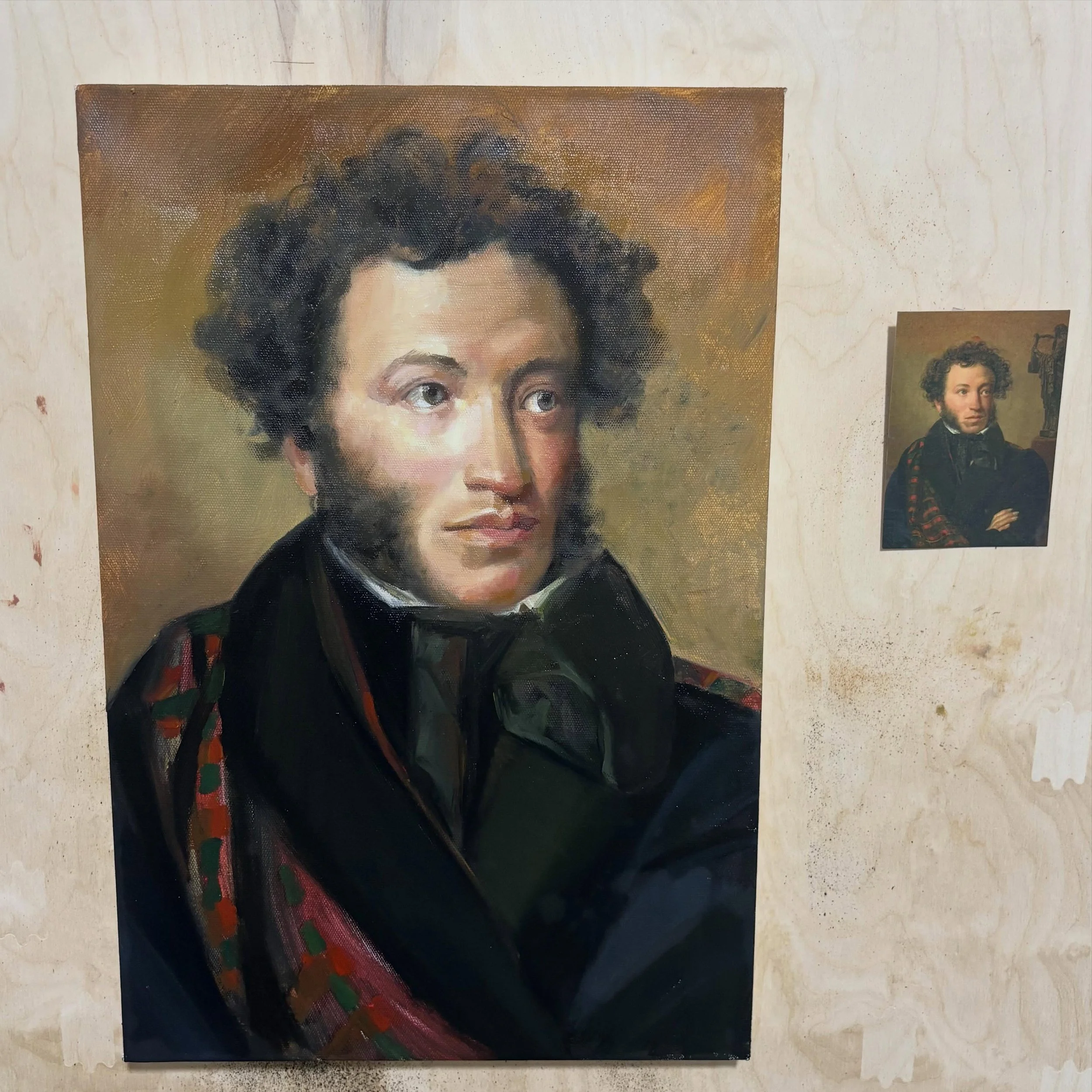 WHO IS PUSHKIN? This is an oil painting portrait demo for a class I&rsquo;ll be teaching in August. It&rsquo;s a study of the famous artwork, &ldquo;Portrait of Alexander Pushkin,&rdquo; created in 1827 by the Russian Romantic artist Orest Kiprensky.