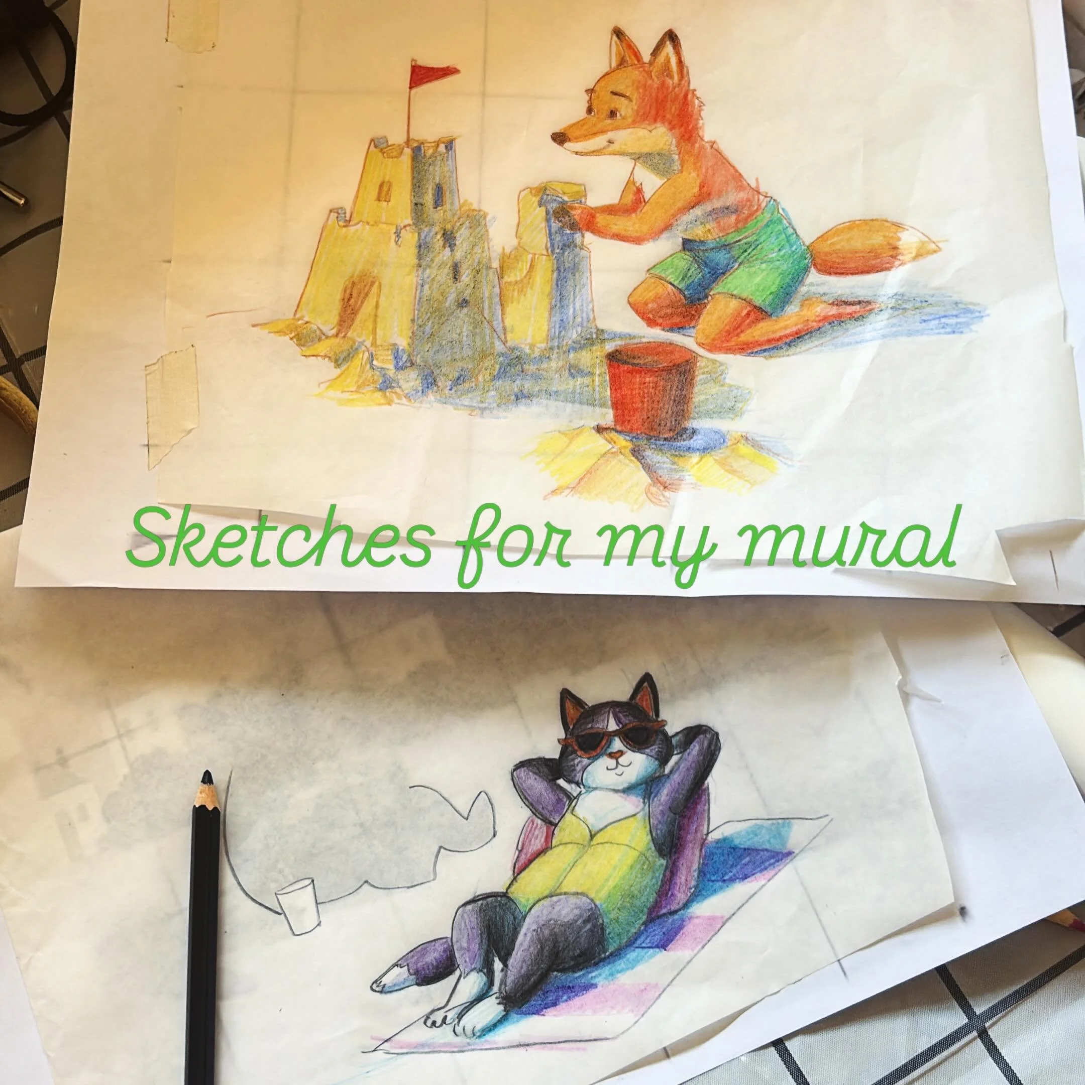 SKETCHES: Prep work for finishing my beach mural. Sketching, digitally or on paper, can help inform and clarify the trajectory of a massive painting. Some artists say they are essential. I&rsquo;ve personally struggled to keep a sketchbook, out of il