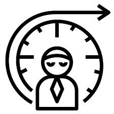 Icon of a person with sunglasses and tie in front of a clock with an arrow pointing right.