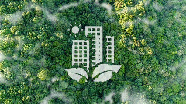 Aerial view of a forest with a graphic overlay of city buildings and leaves.
