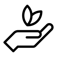 A hand holding a small plant with two leaves.