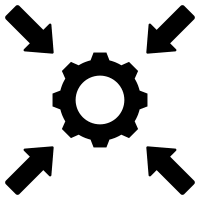 A gear symbol with four arrows pointing towards it from different directions, indicating a concept related to process or system coordination.