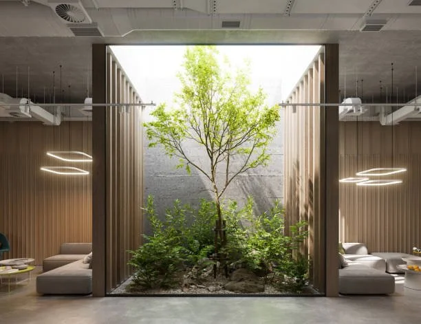Indoor lounge area with a large open window revealing a central tree and green plants.
