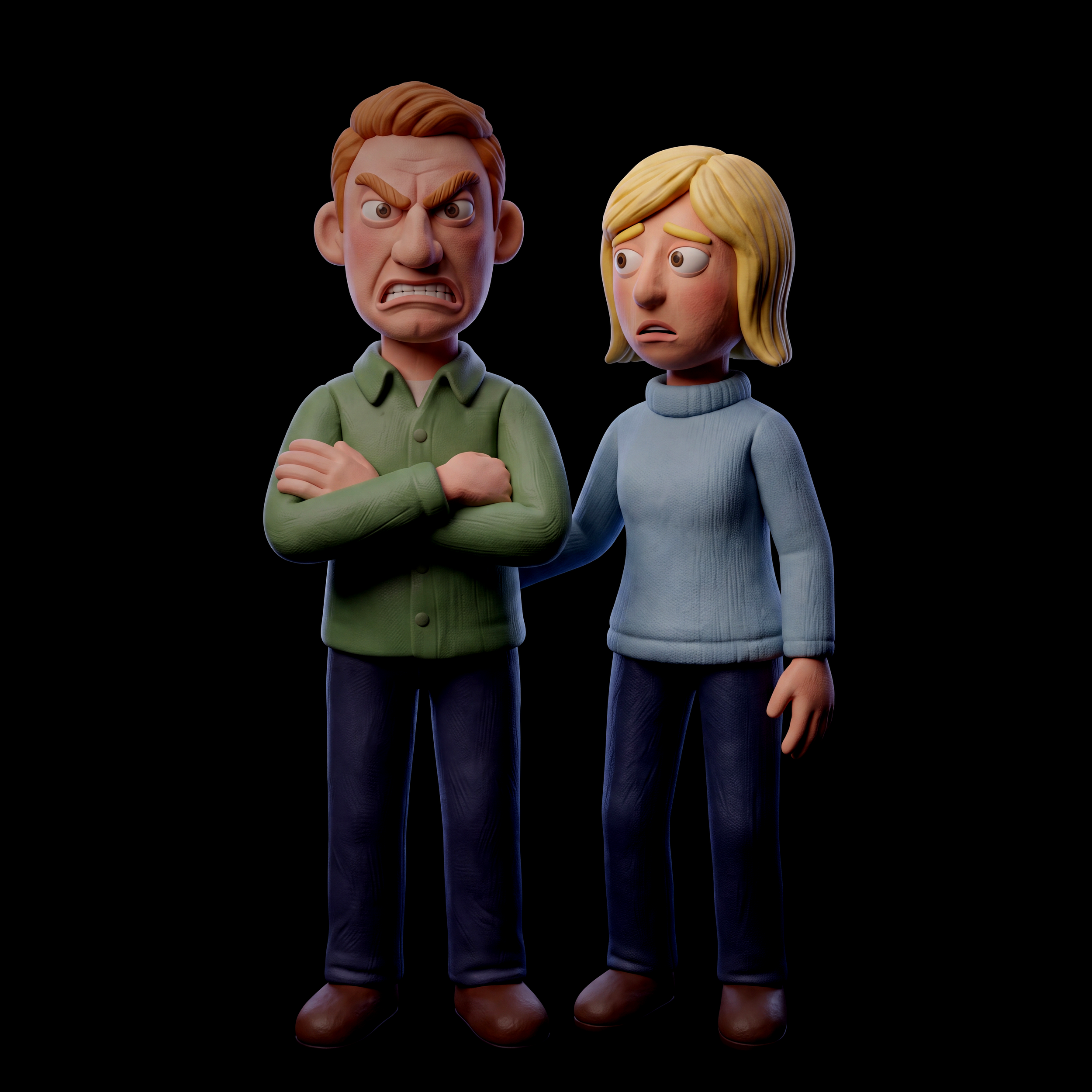 Two animated characters, a man with red hair and an angry expression with crossed arms, and a woman with blonde hair and a worried expression, stand against a black background.