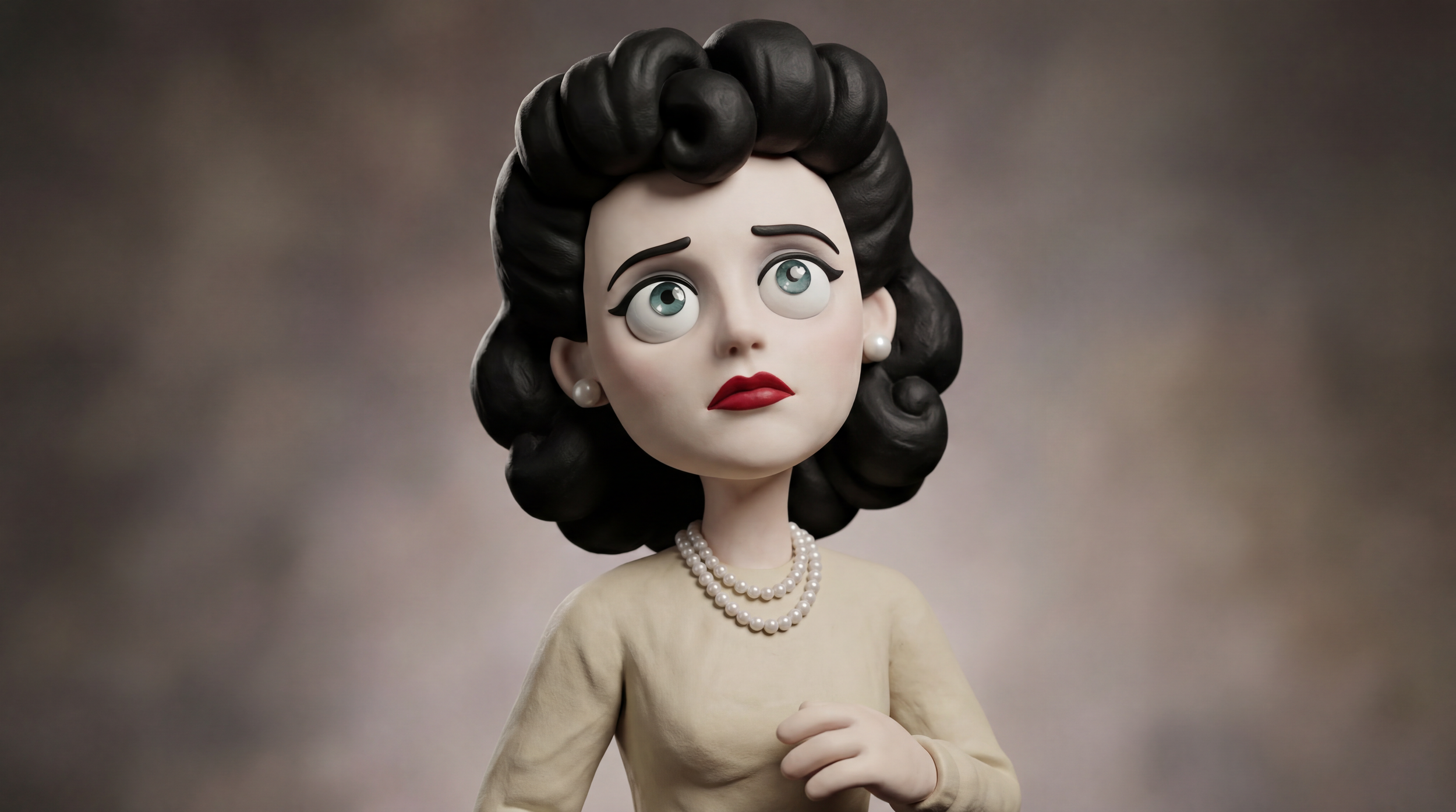 A stylized sculpture of a woman with large, expressive blue eyes, dark brown hair styled in voluminous curls, wearing pearl earrings, a string of pearls, a cream-colored dress, and red lipstick on a blurred gradient background.