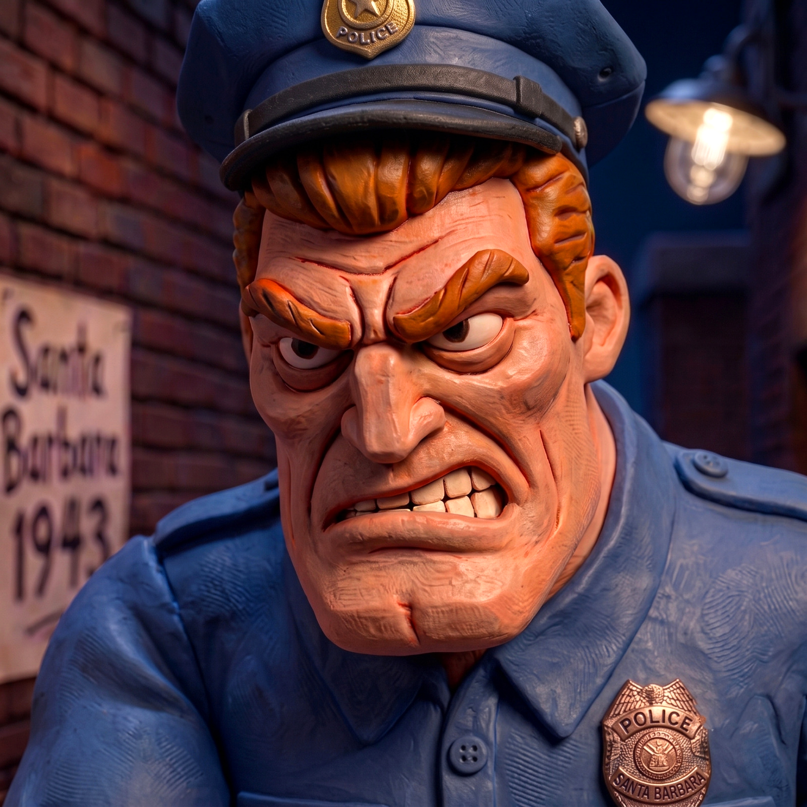 Large caricature statue of a police officer with exaggerated angry facial expression, wearing a blue police uniform and hat with badge labeled 'Santa Barbara', in front of a brick wall with a blurry street lamp.
